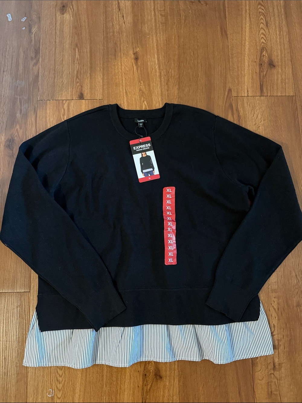 Express Womens Black Crewneck Sweater with Layered Hem